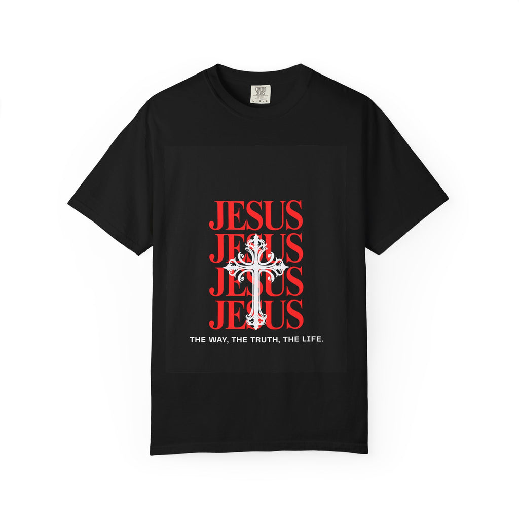 Jesus Cross T-Shirt — "Jesus" Repeated Graphic with 'The Way, The Truth, The Life'