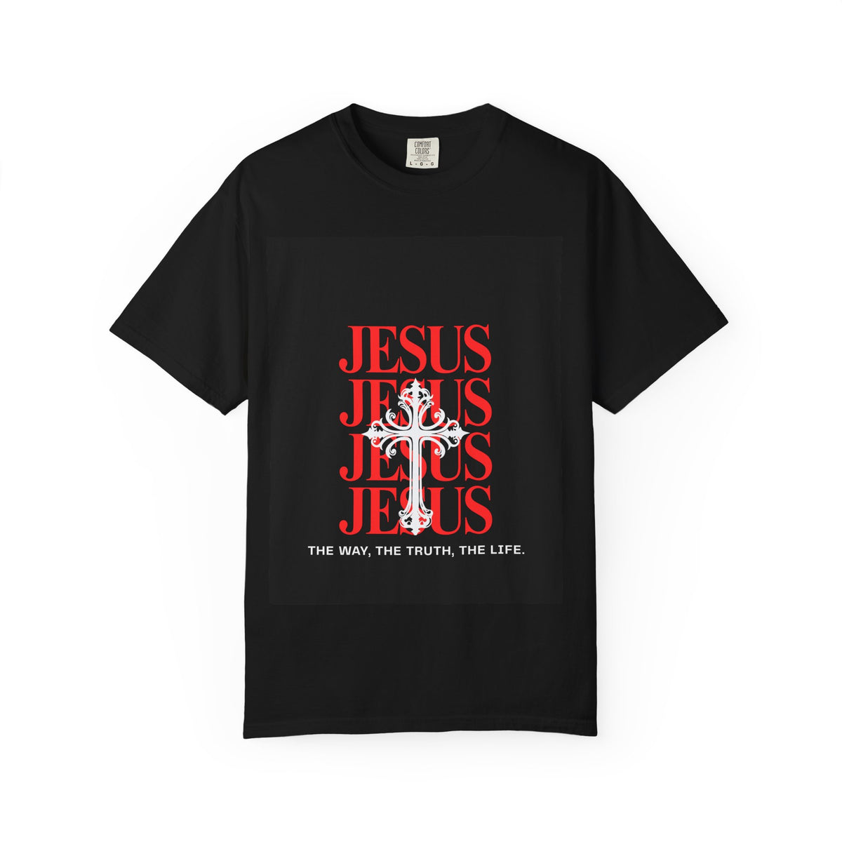 Jesus Cross T-Shirt — "Jesus" Repeated Graphic with 'The Way, The Truth, The Life'