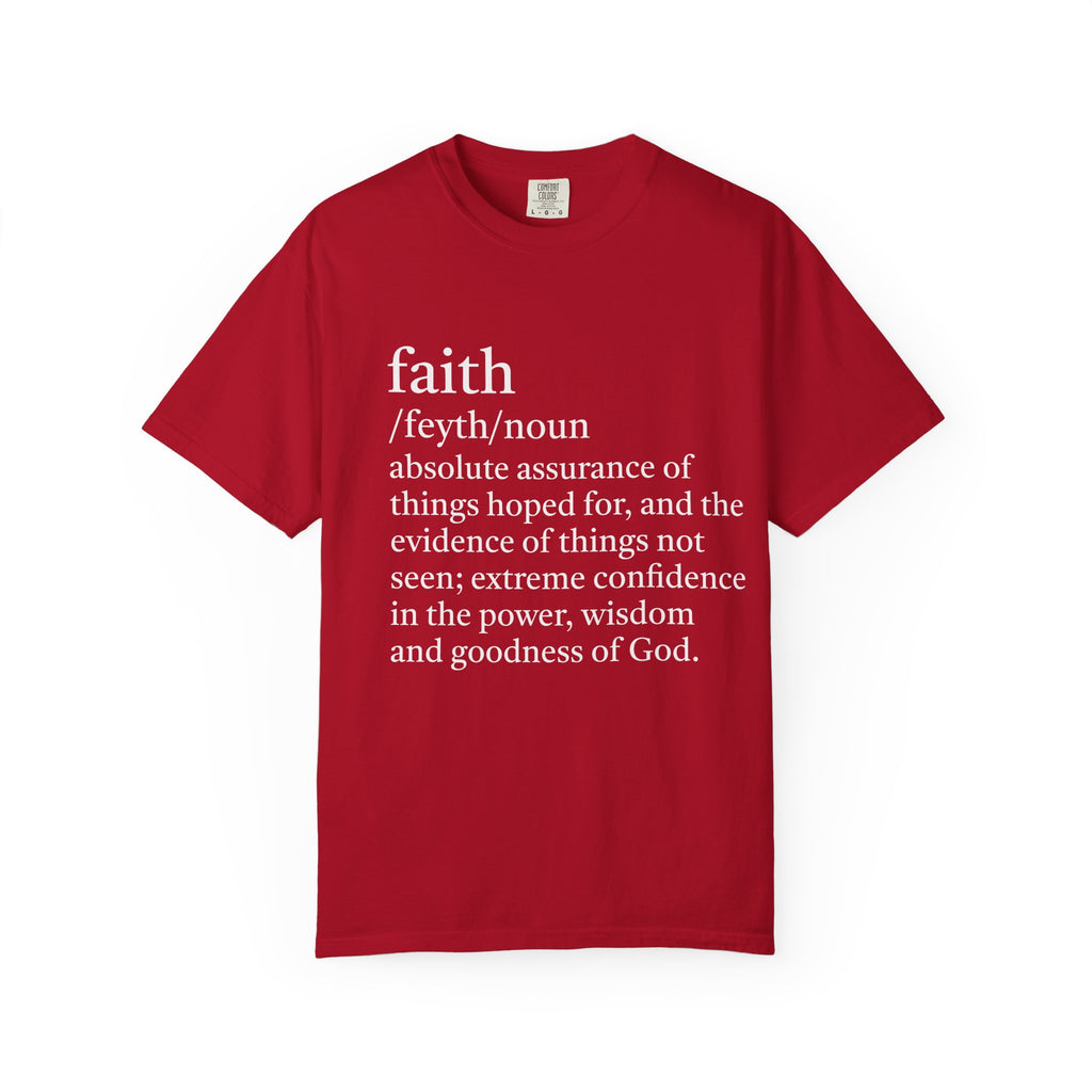 Red Faith Definition T-shirt with cream definition lettering on the front